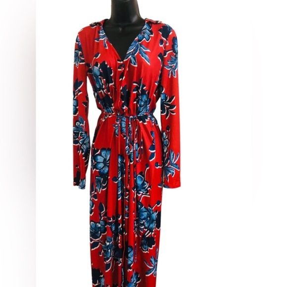 Zara red & blue floral v-neck button front belted‎ midi dress size small new - Picture 6 of 16